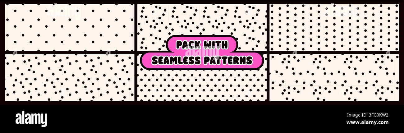 Polkadot seamless patterns collection with a fun geometric elements. Each pattern is a vector file. Stock Vector