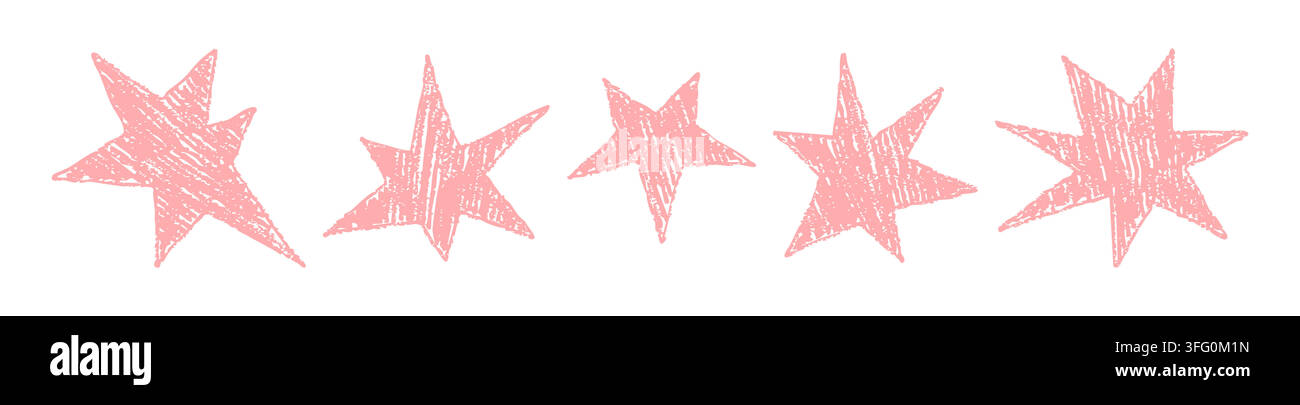 Five star rating set of elements. Pink chalk simple elements on white background. Stock Vector