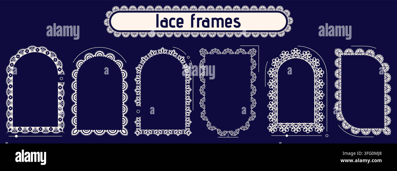 Pack with different seamless lace scalloped white frames. Stock Vector