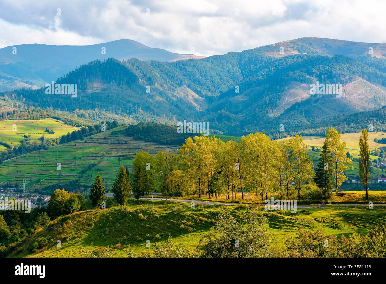 countryside mountain landscape in autumn. scenic rural area of ukraine in fall season. mountain path to volovets town in the valley. sunny afternoon Stock Photo