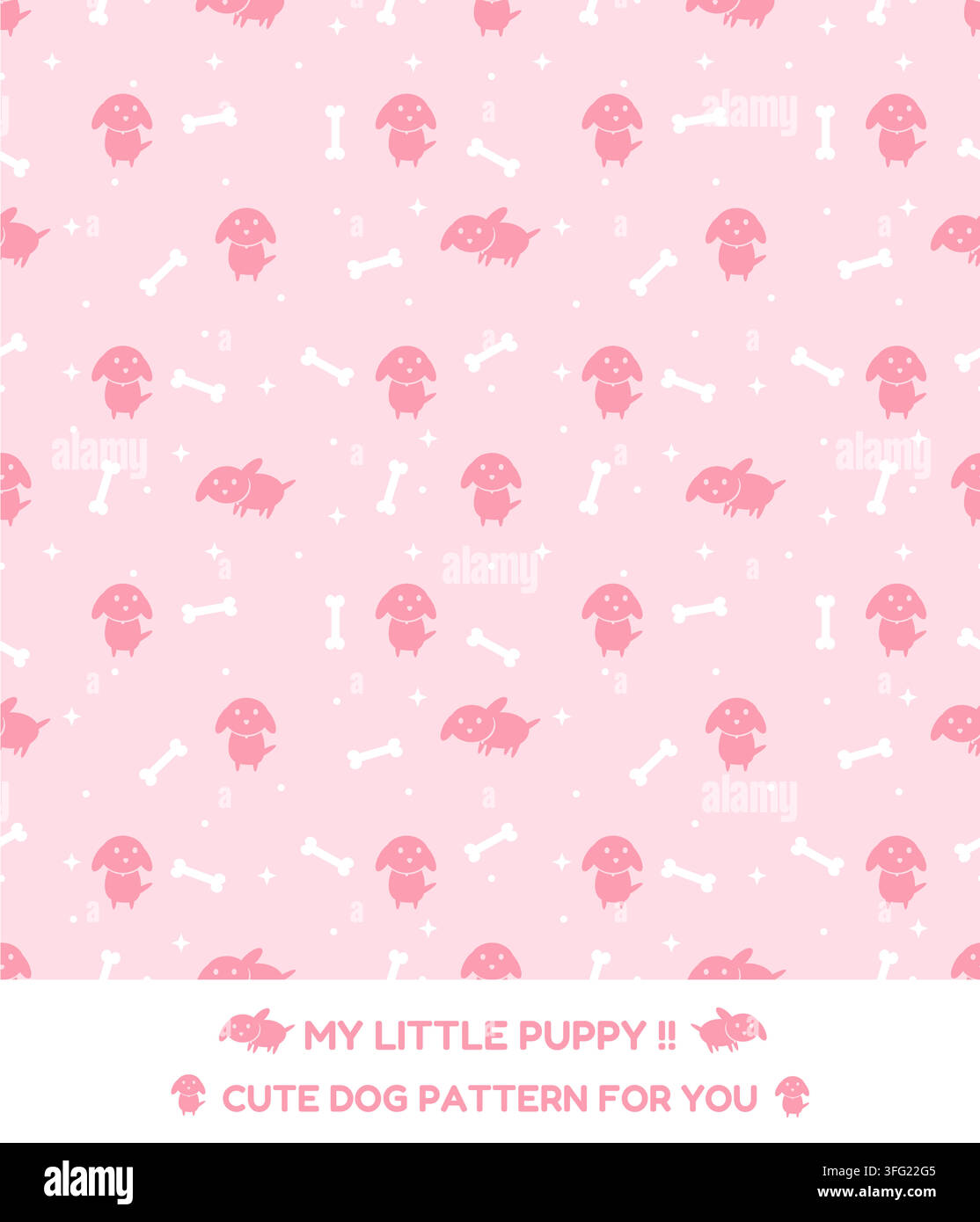 Cute puppy and bone seamless pattern with playful dog characters, white bones and tiny stars on a pastel pink background. Adorable design for pet and Stock Vector