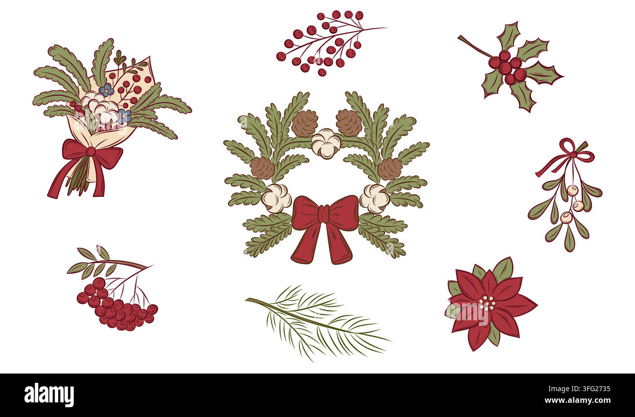Vector set of winter Christmas botanical decorations Stock Vector