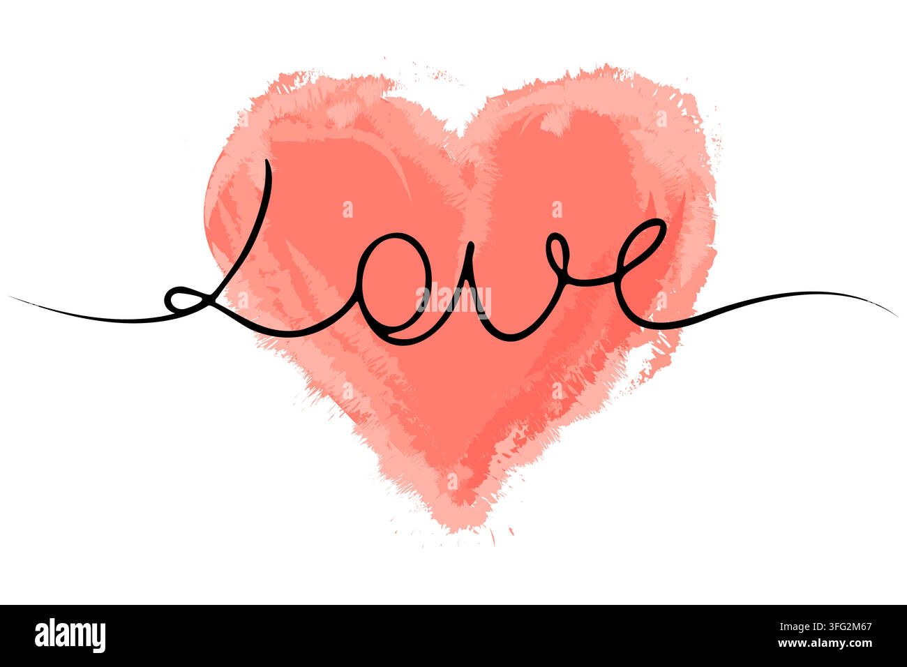 Love lettering with painted heart. Continuous line calligraphy script. Vector illustration Stock Vector