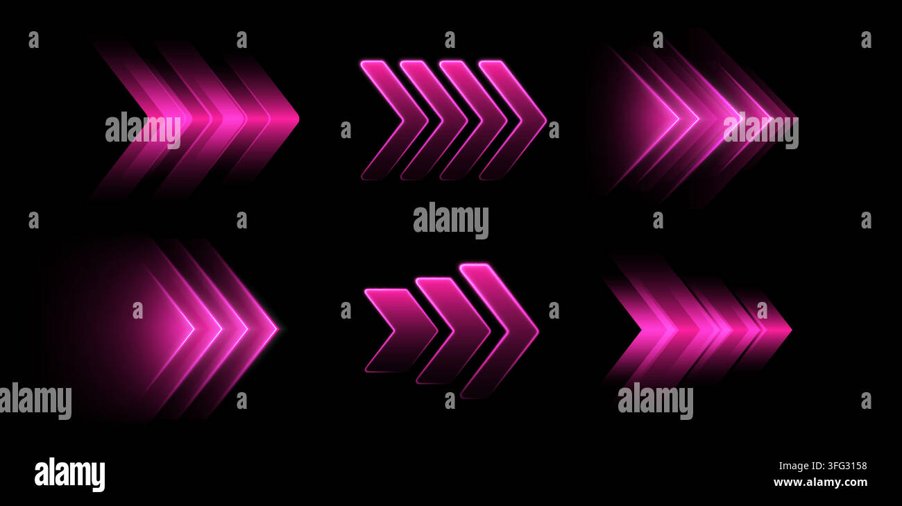 Glowing pink arrows, dynamic glowing pointers, fast motion concept. Stock Vector