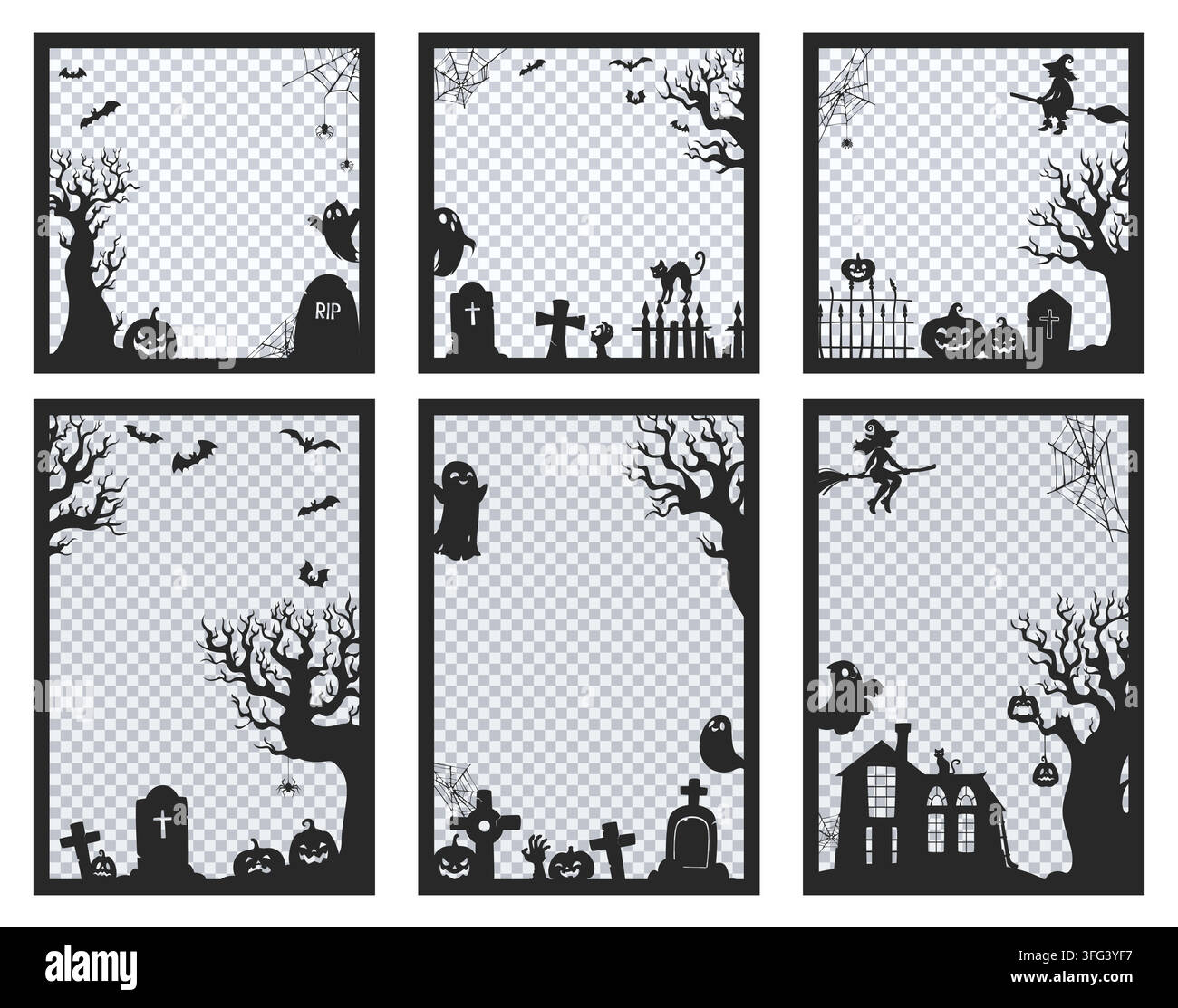 Halloween photo frames decorated with vector haunted house, pumpkins, gravestones, witches on brooms and cobweb, ghosts and spooky trees black silhoue Stock Vector