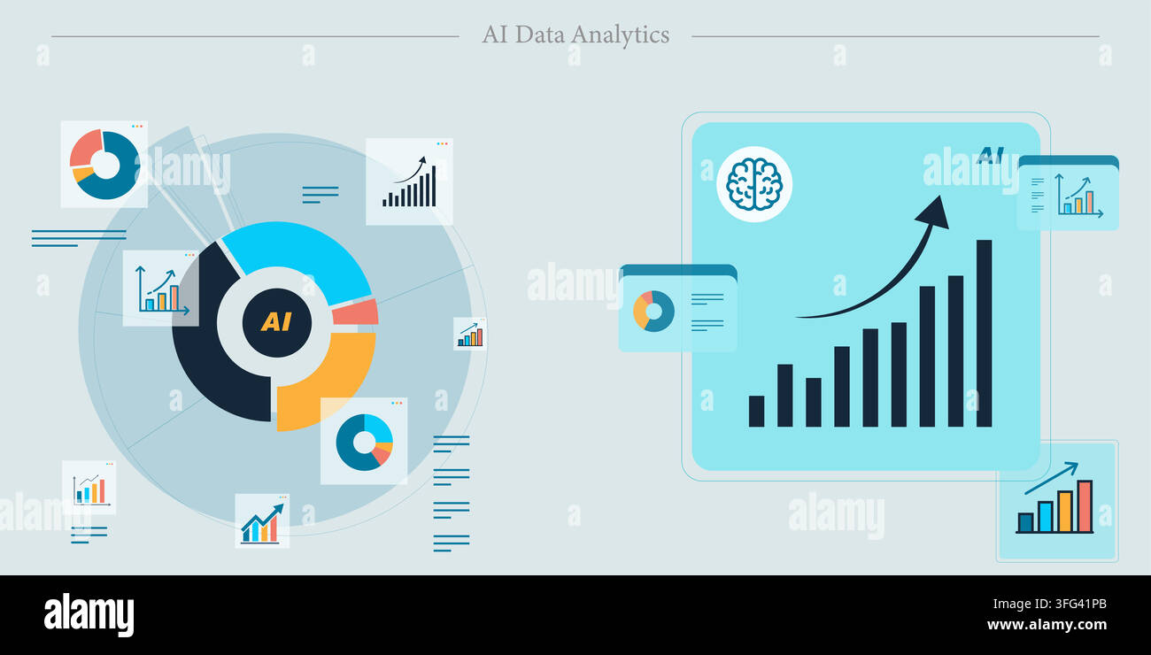 AI data analytics vector illustration featuring donut chart, rising bar graph, brain machine learning, dashboard reporting, and growth metrics. Stock Vector