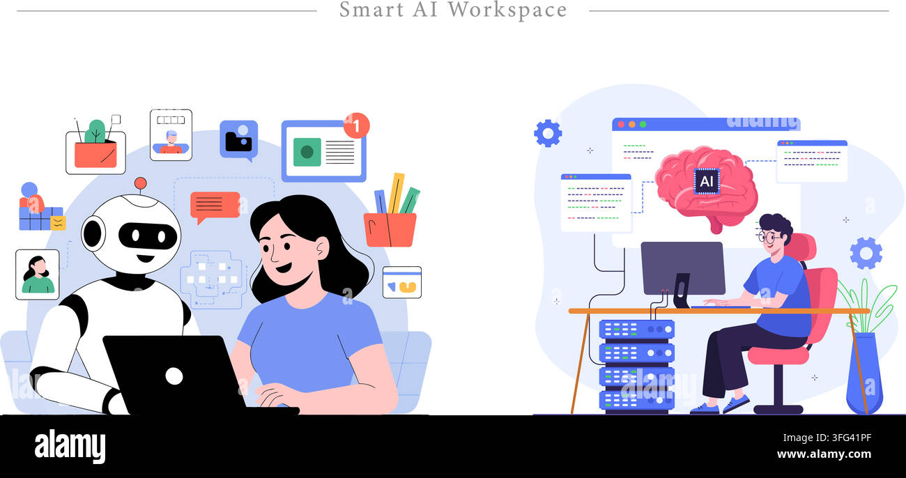 Smart AI workspace vector illustration featuring human collaborating with robot assistant, neural network brain, server data, and workplace tech. Stock Vector