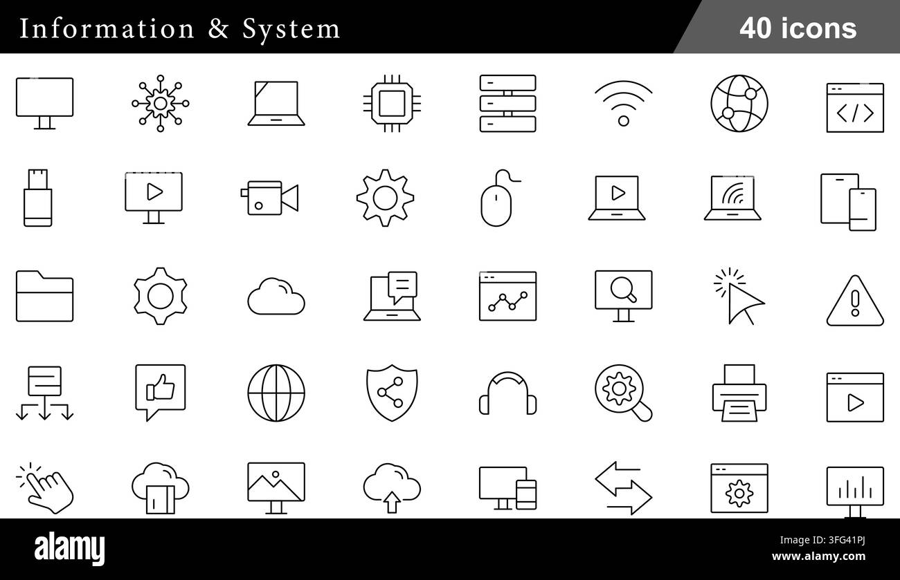 Information and system line icon set featuring 40 outline symbols including desktop screen, network node, database server, and tech device icons. Stock Vector