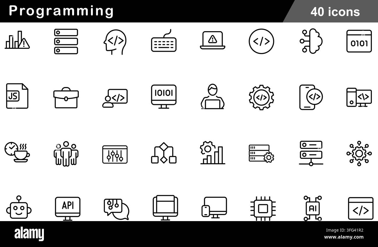 Programming line icon set featuring 40 outline symbols including code tags, database server, developer avatar, API, and software development icons. Stock Vector