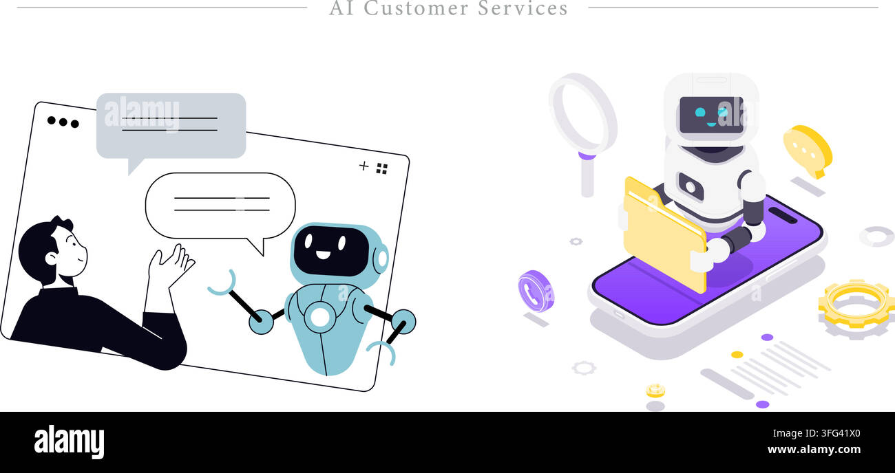 AI customer services illustration set featuring chatbot support assistant, customer conversation screen, smartphone robot, and data folder search. Stock Vector