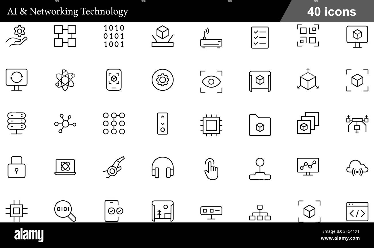 AI and networking technology line icon set featuring 40 outline symbols including machine learning, 3d cube, cloud router, and microchip processor. Stock Vector