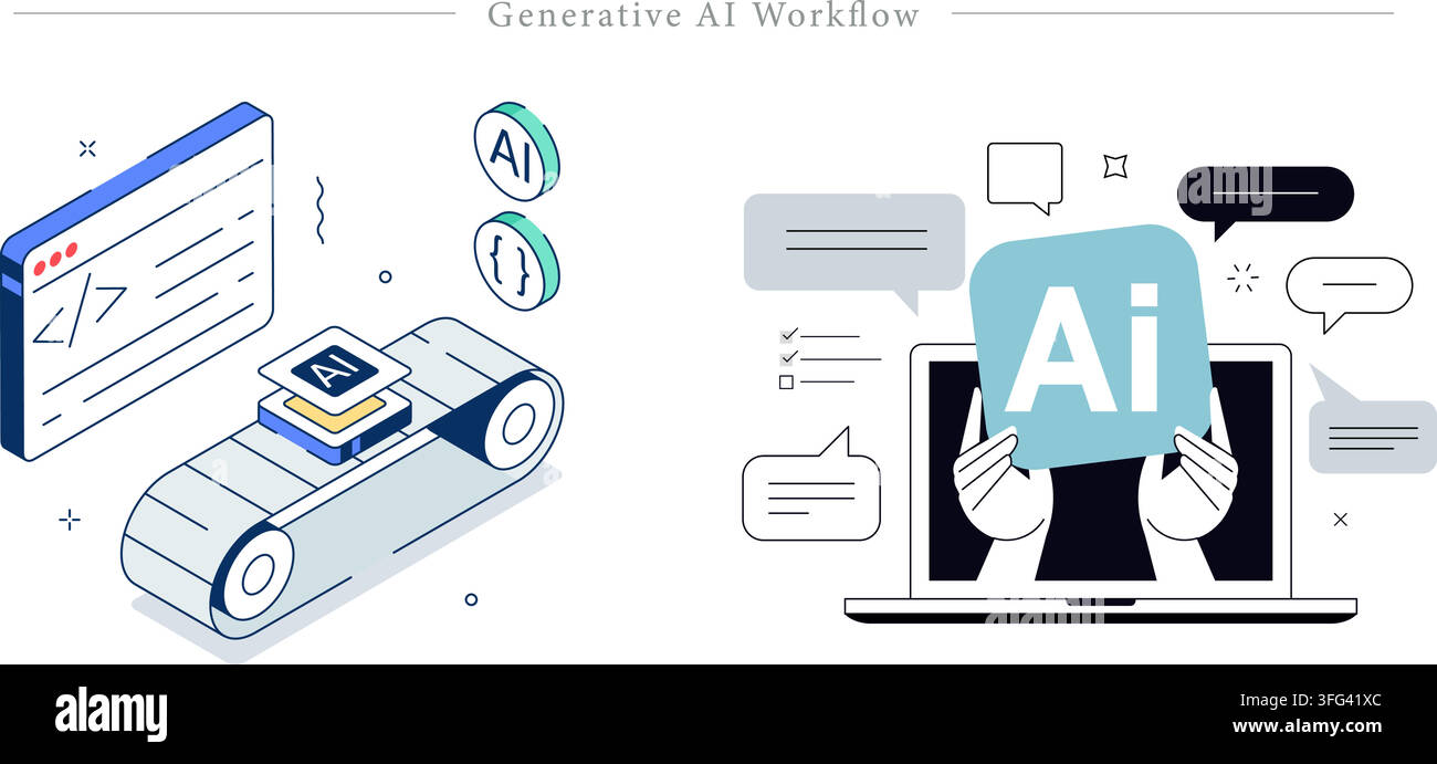 Generative AI workflow illustration set featuring automated conveyor chip processing, code window, chat prompts, and laptop with artificial intelligen Stock Vector