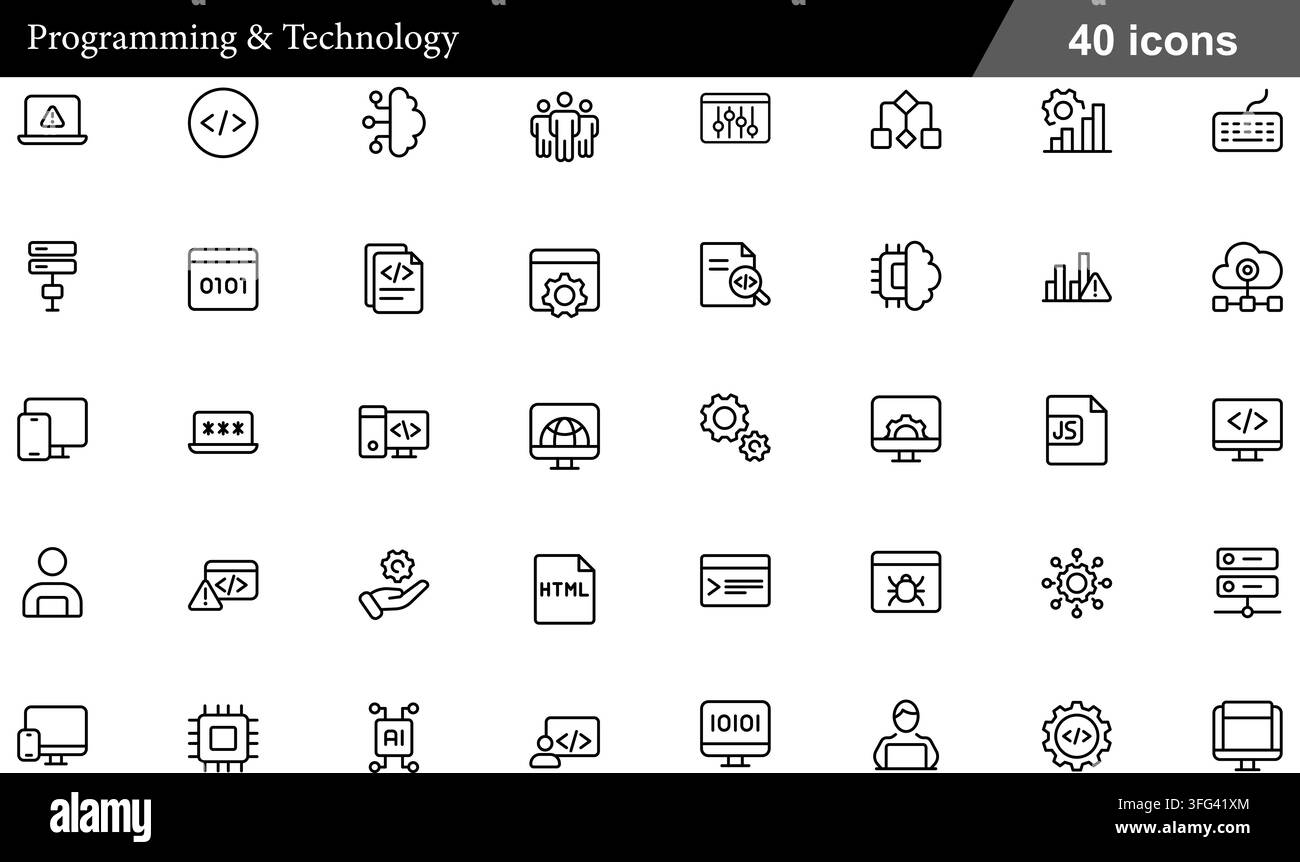 Programming and technology line icon set featuring 40 outline symbols including html code, software development, cloud api, and ai processor. Stock Vector