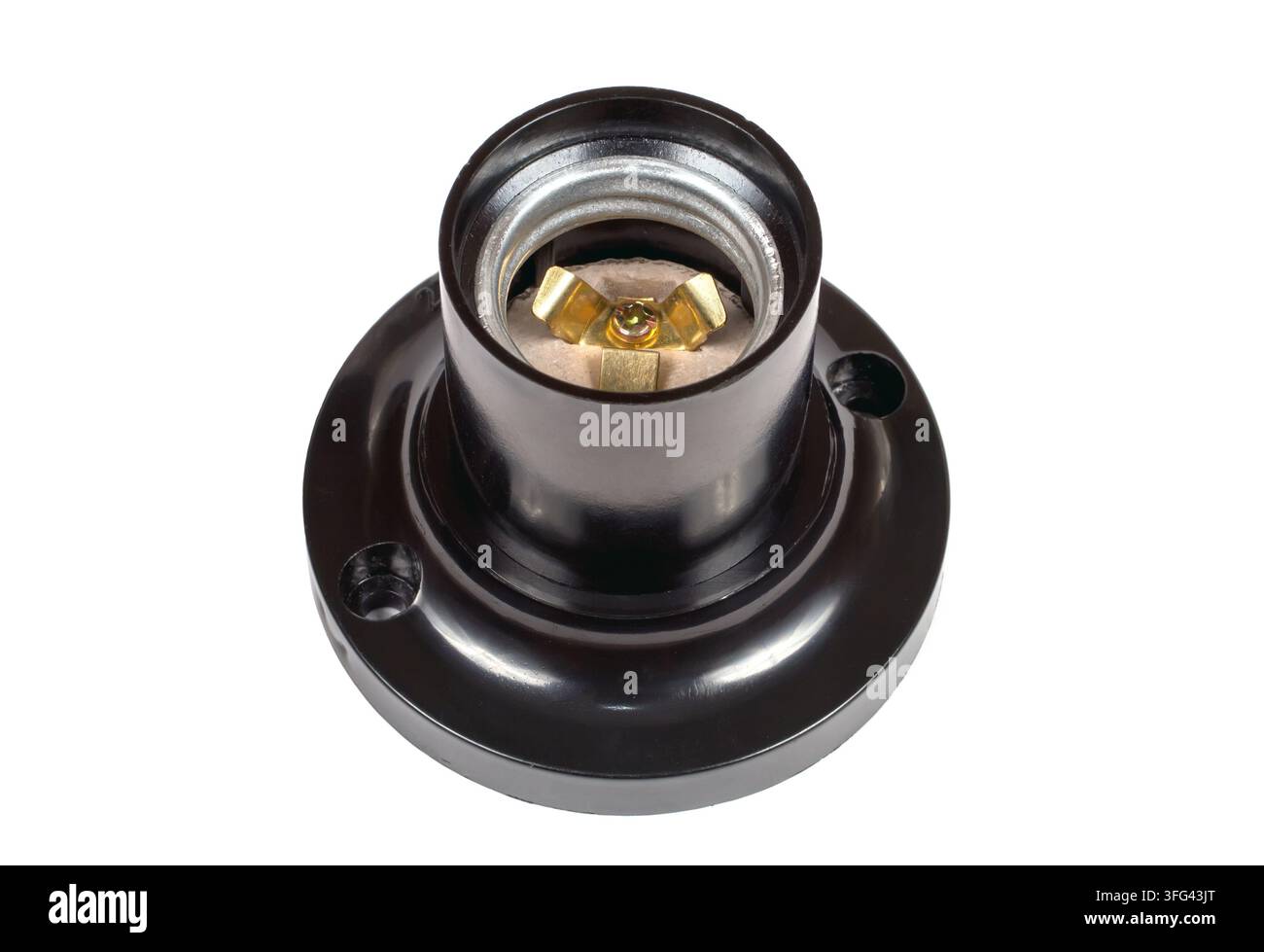 Light bulb socket isolated on white background. Socket for an electric lamp close-up. Stock Photo