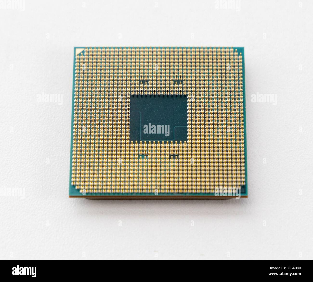 This image displays a computer processors gold pins on a clean white surface Stock Photo