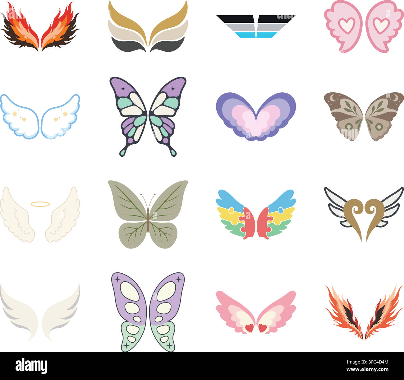 A colorful flat illustration set featuring various stylized wing designs Stock Vector