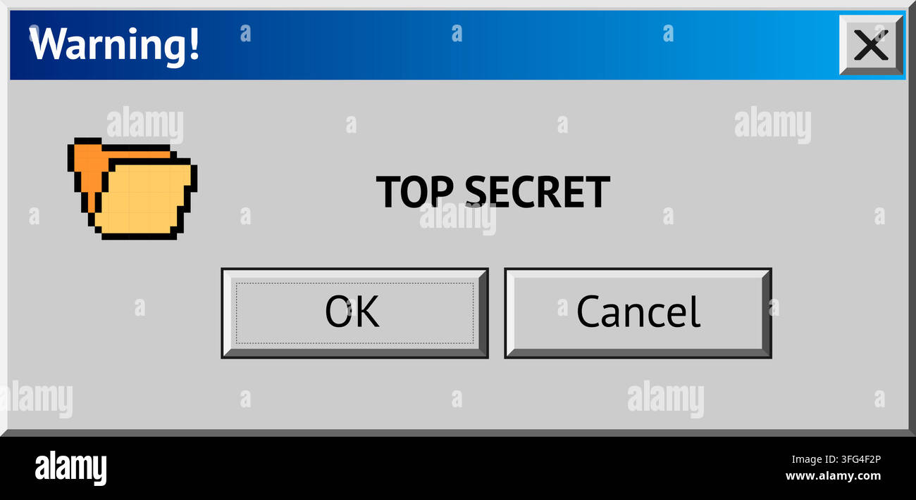 Retro computer warning popup with folder icon displaying top secret confidential message Stock Vector