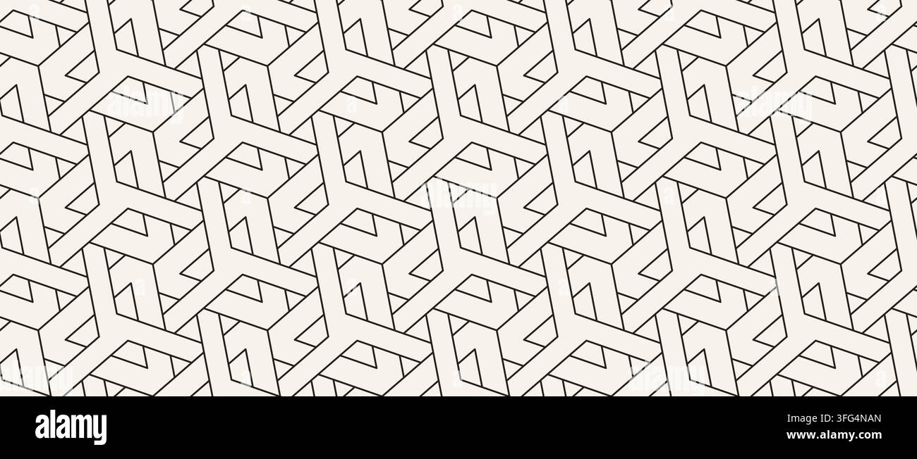 Seamless geometric pattern with repeating impossible triangle shapes and interlocking angular lines on warm cream background. Minimal vector ornament Stock Vector