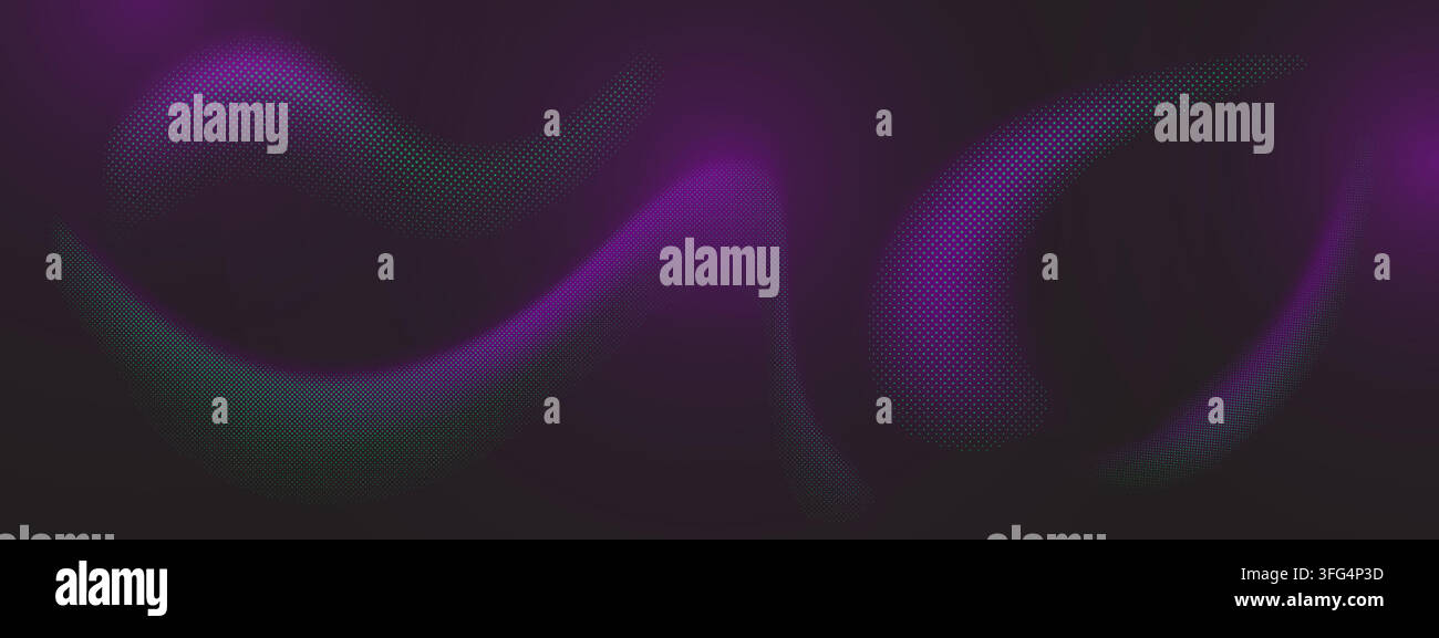 Abstract tech smooth lines with halftone pattern on black background. Vector liquid shape graphics with dotted texture, flowing aurora gradient curves with neon glow effect. Modern wavy music design Stock Vector