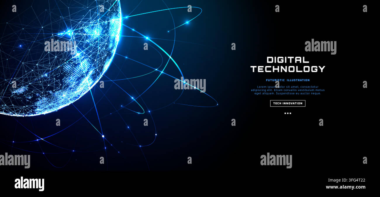Digital World Globe With Glowing Network Connections And Orbits Stock Vector