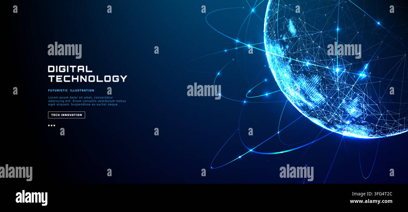 Digital Network Globe With Glowing Orbits And Copy Space Stock Vector
