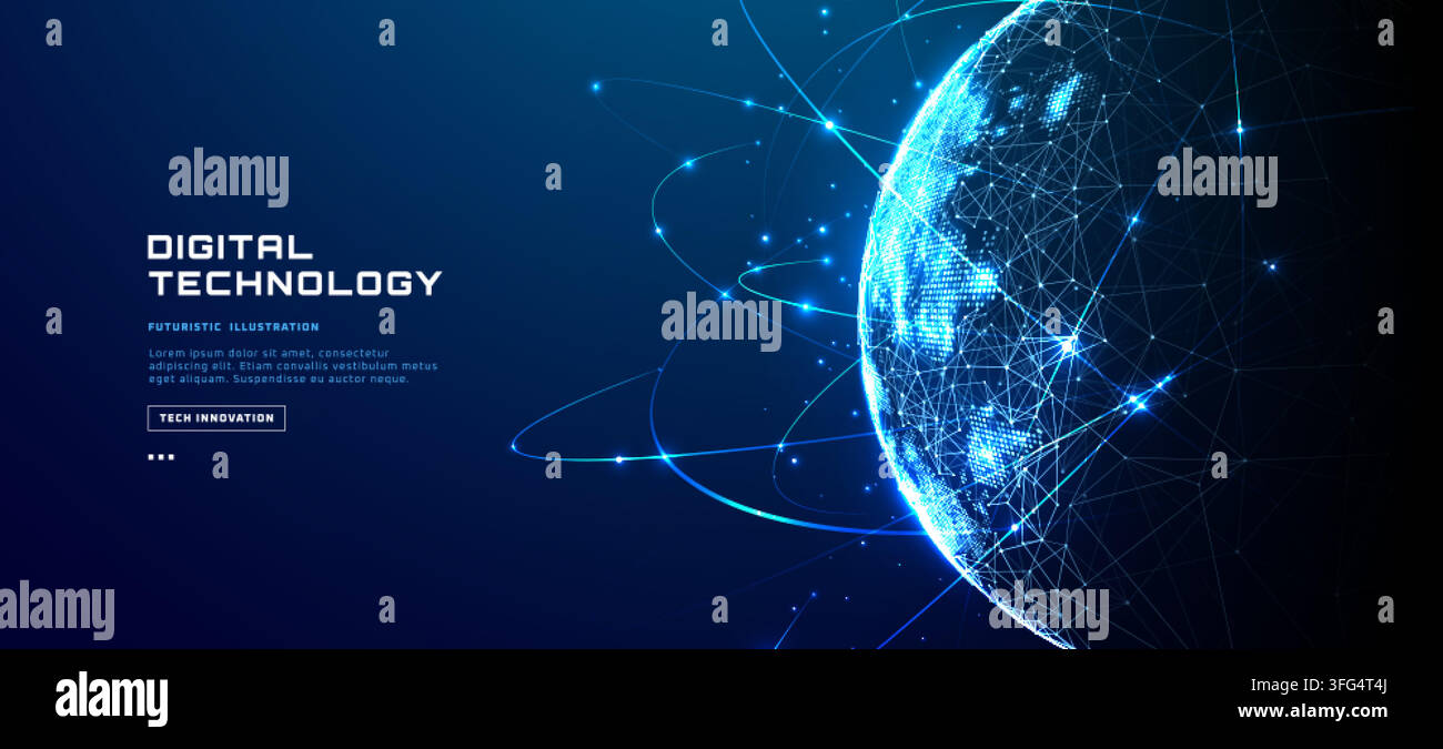 Digital Globe Edge With Glowing Network Orbits And Copy Space Stock Vector
