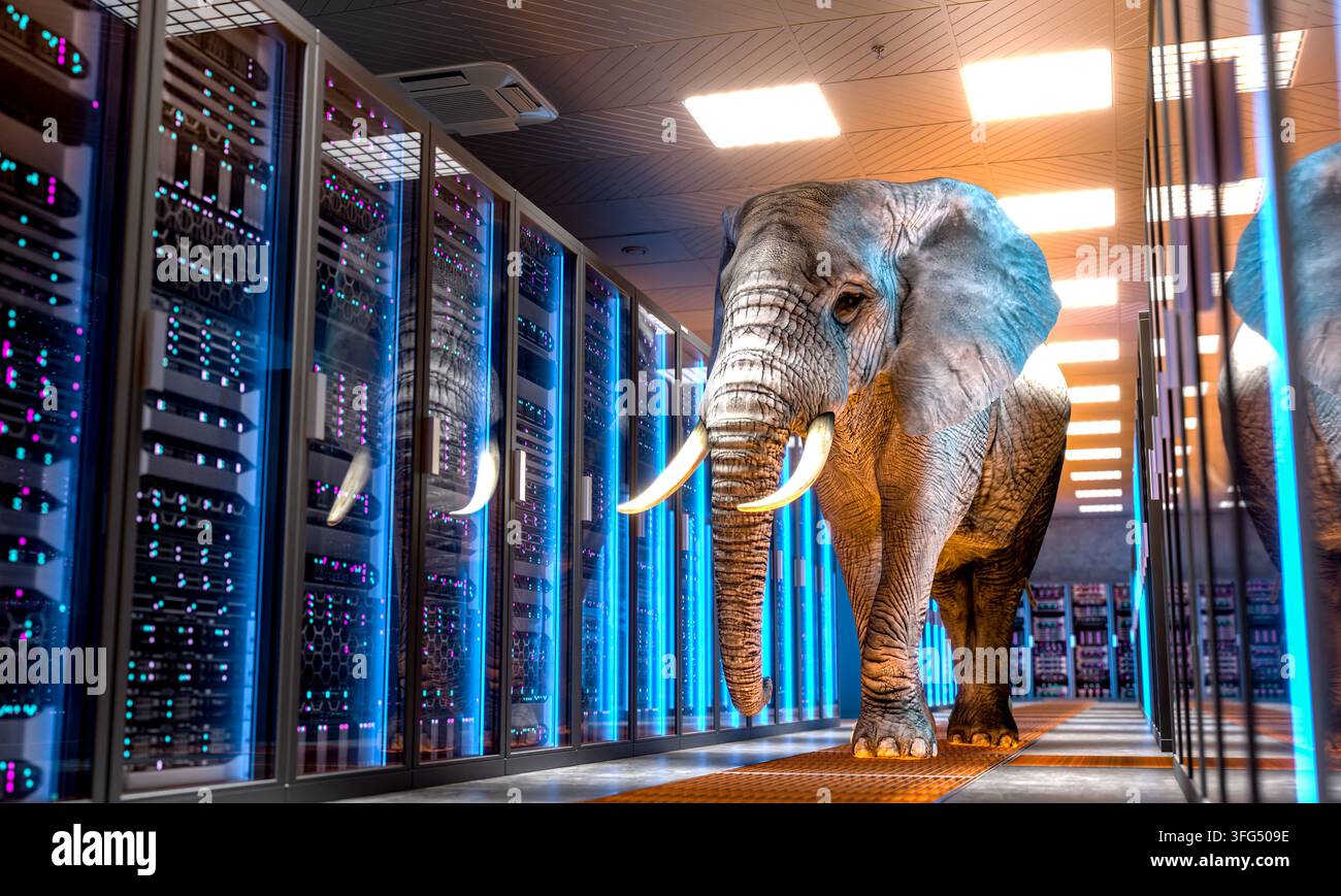 3d elephant in the room walking between server racks Stock Photo