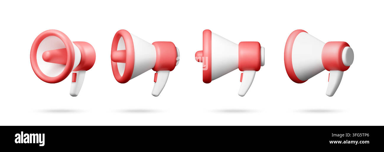 Set of red and white megaphone icons in 3d Stock Vector