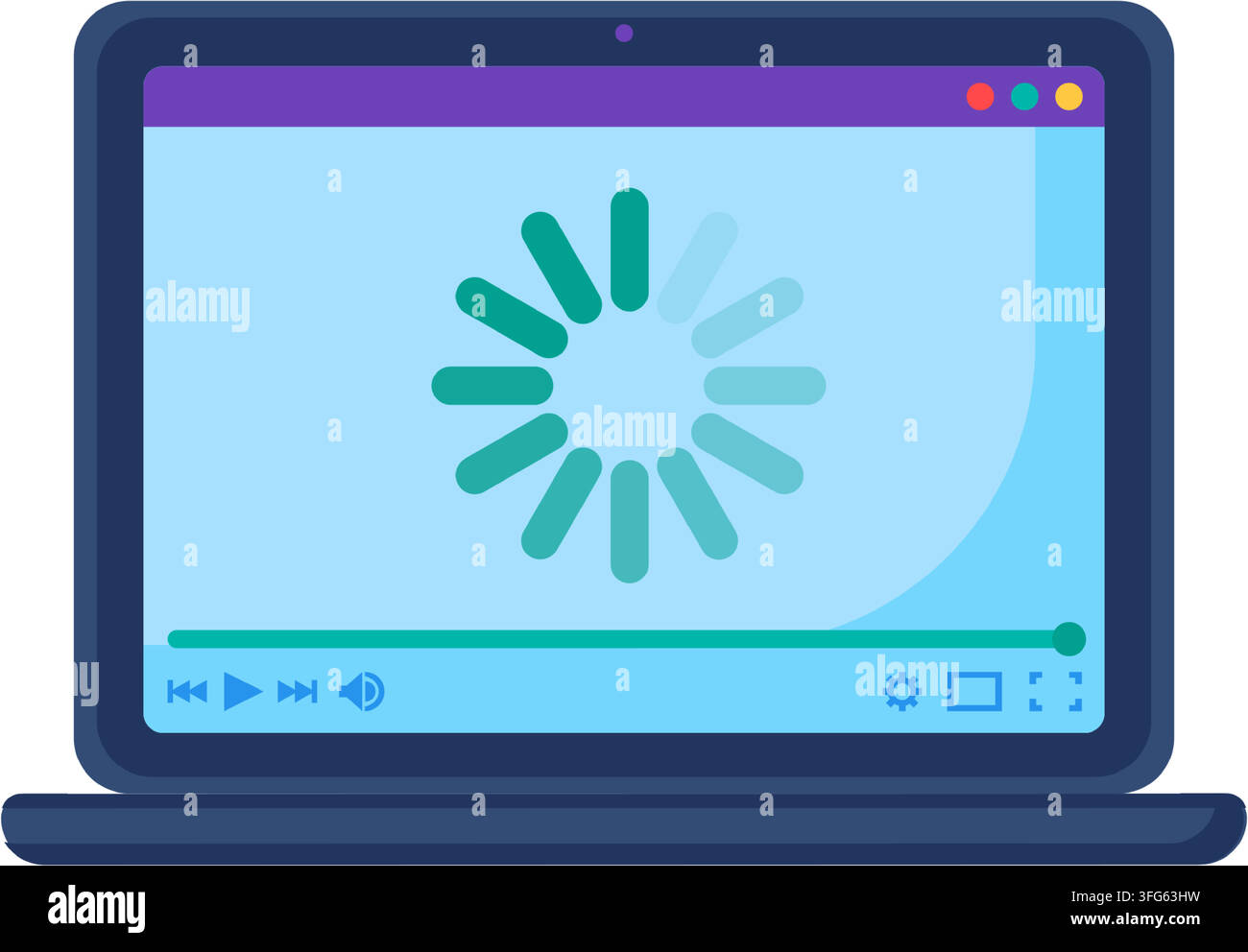 Laptop video loading buffering interface flat icon. Computer display screen showing video player UI loading spinner buffering wheel progress bar playb Stock Vector