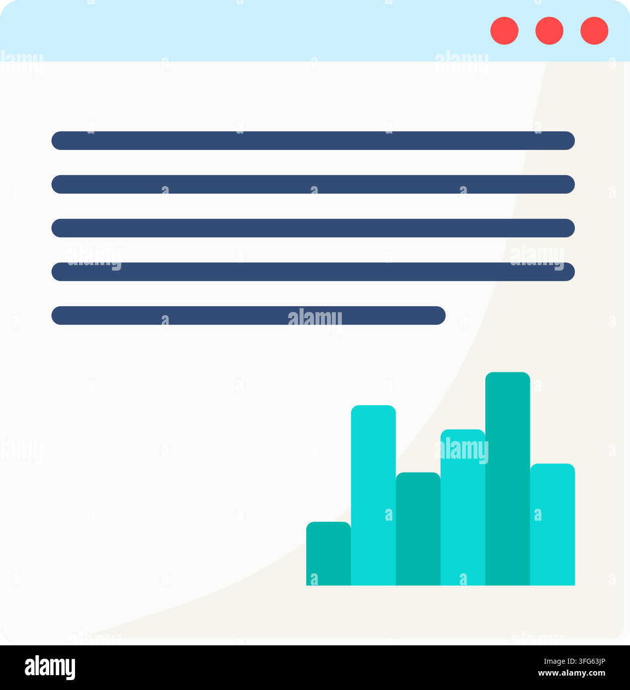 Web page bar chart analytics interface flat icon. web browser page layout text lines green cyan bar chart graph statistics business report page isolat Stock Vector