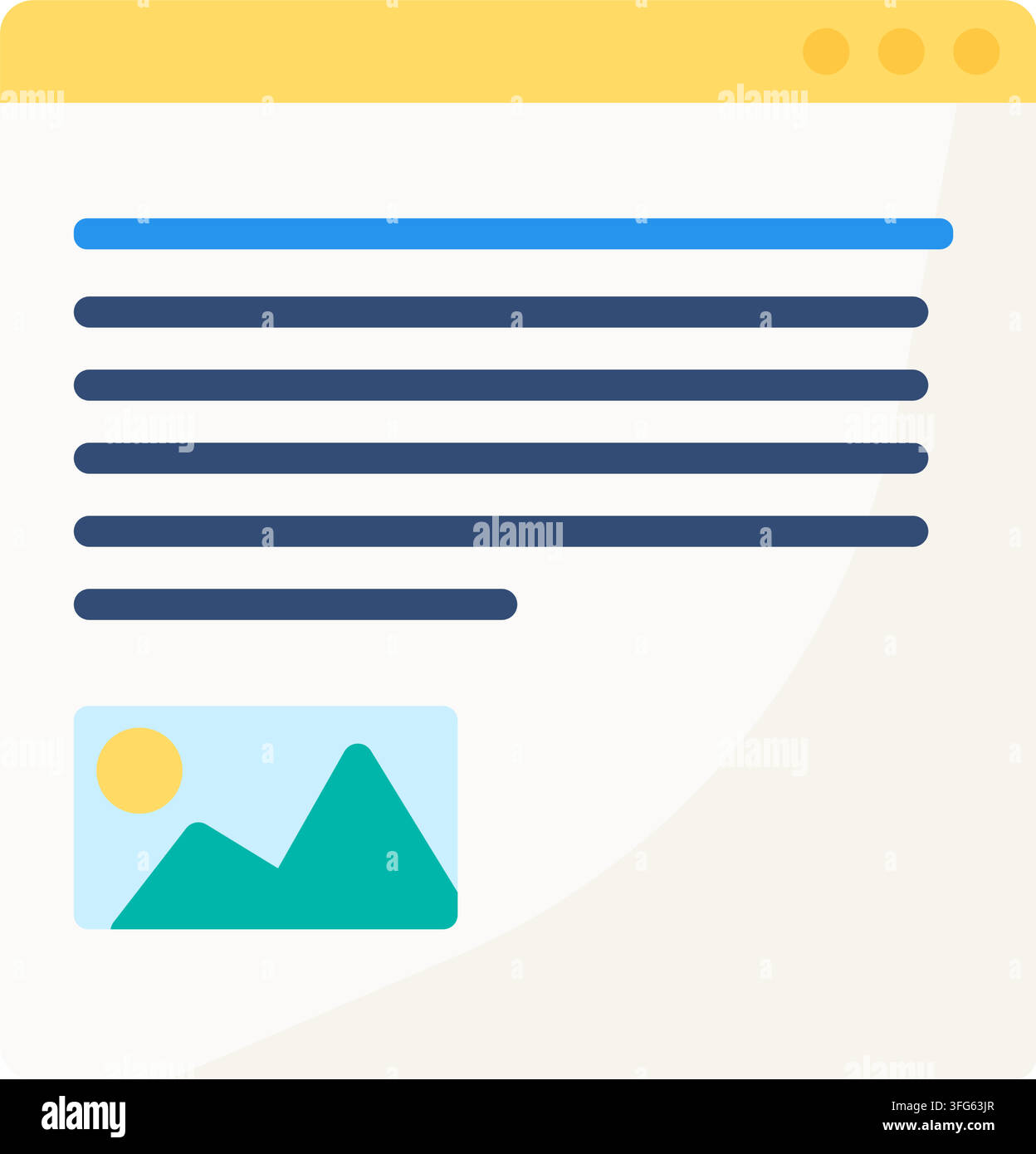 Web article image thumbnail page interface flat icon. Web browser page layout displaying headline text lines graphic image thumbnail landscape picture Stock Vector