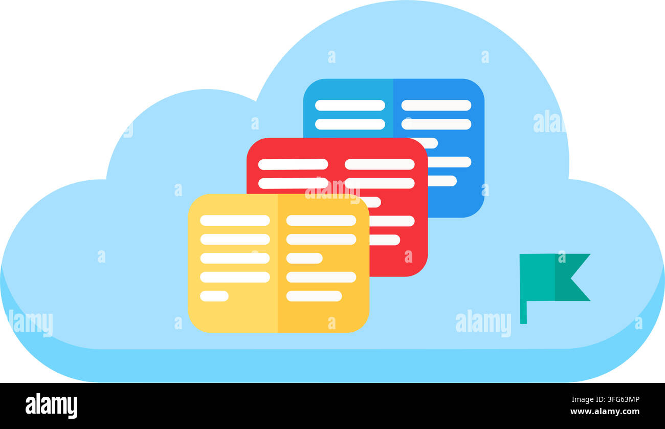 Cloud storage documents data files list interface flat icon. Featuring soft blue cloud shape three colorful text document cards green flag badge insid Stock Vector