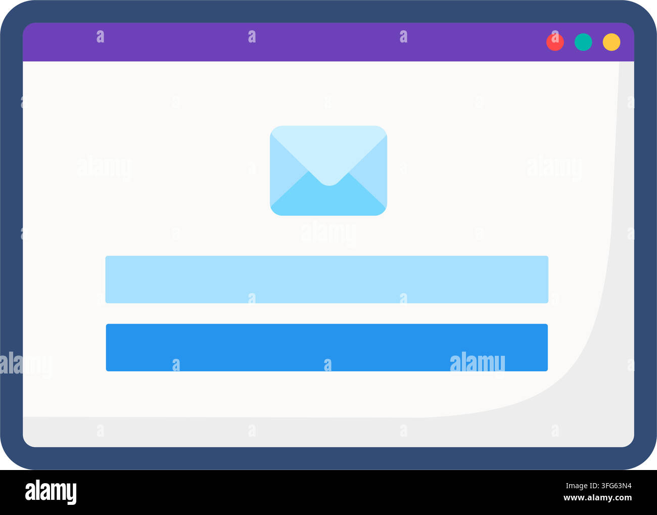 Web browser email notification page interface flat icon. Email notification page interface open browser window displaying blue envelope icon centered Stock Vector