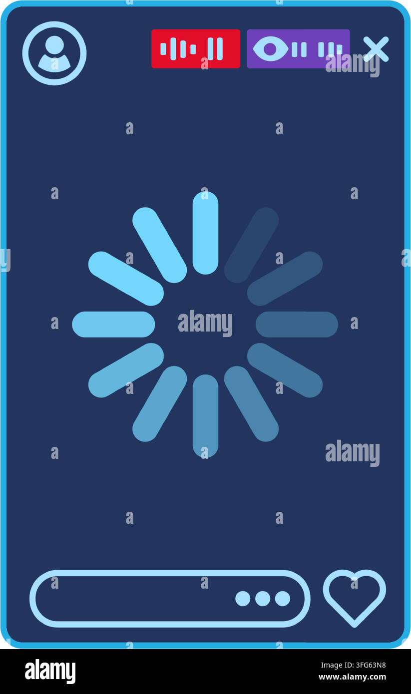 Mobile video stream buffering loader screen interface flat icon. Smartphone screen displaying dark blue live stream video player interface center load Stock Vector