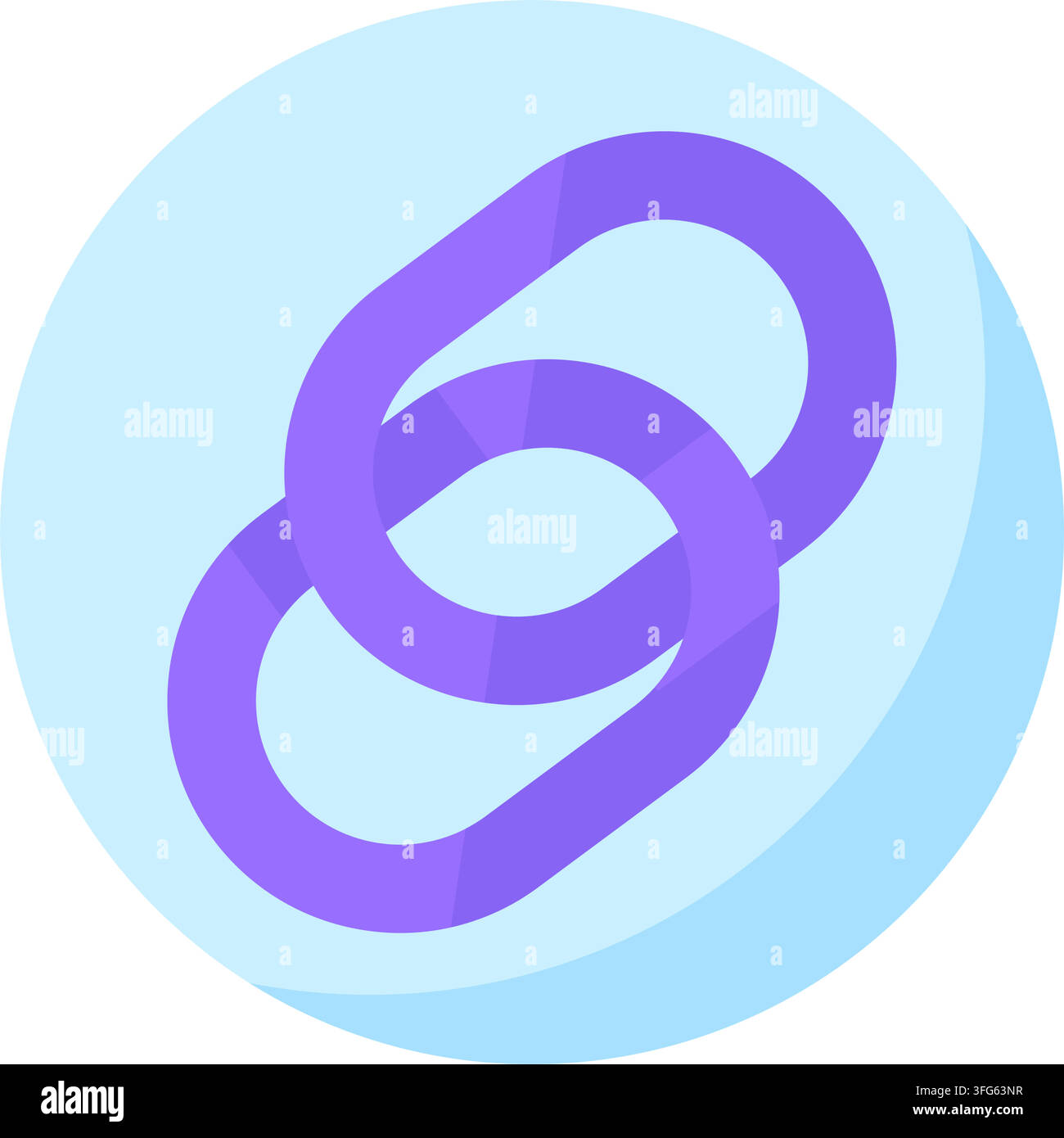 Hyperlink link attachment connection chain node flat vector icon. Purple interconnected chain links blue circle background URL address web sharing UI Stock Vector