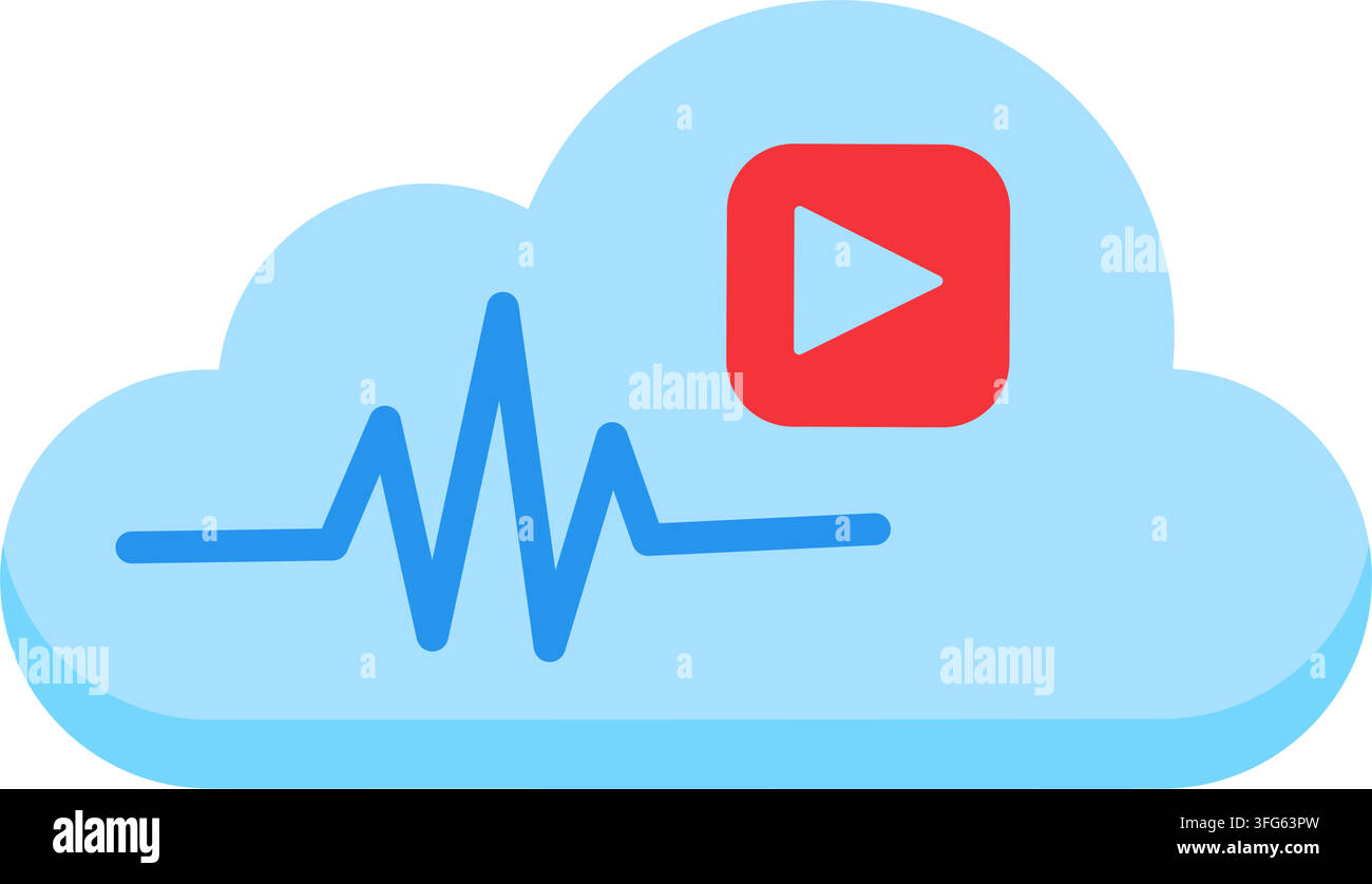 Cloud video streaming audio wave storage flat vector icon illustration. Light blue cloud shape dark blue sound wave line red video play button multime Stock Vector