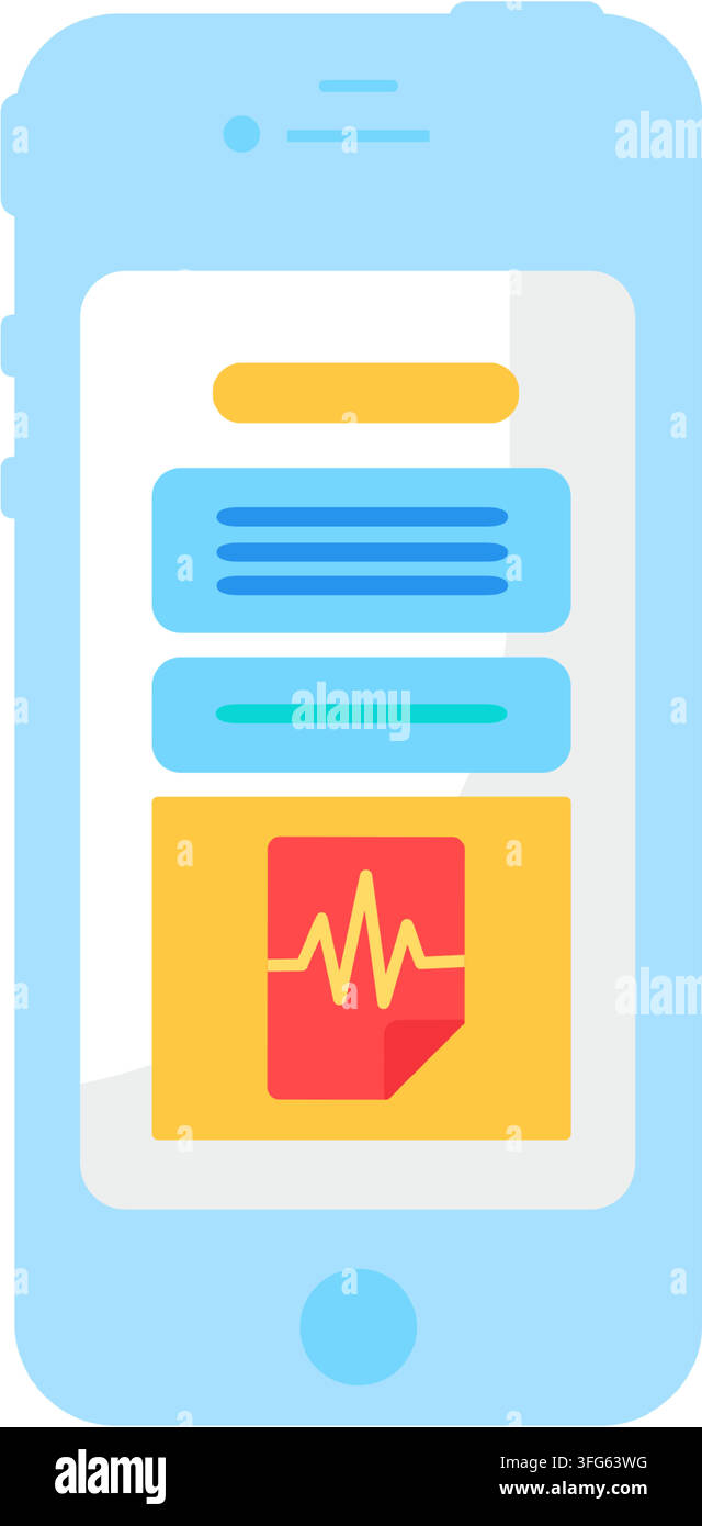 Smartphone audio file document transfer interface flat icon. Light blue mobile smartphone screen displaying audio document file icon red file wave gra Stock Vector