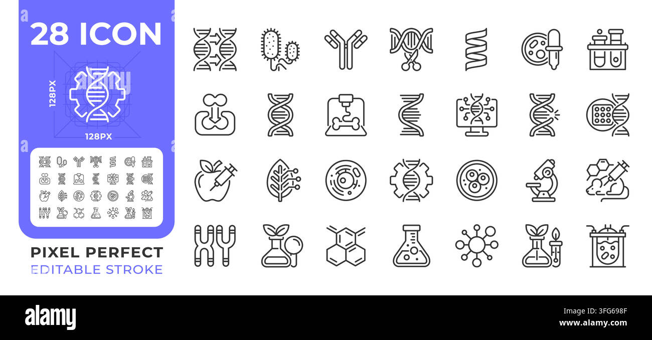 Biotechnology pixel perfect simple line icons set Stock Vector