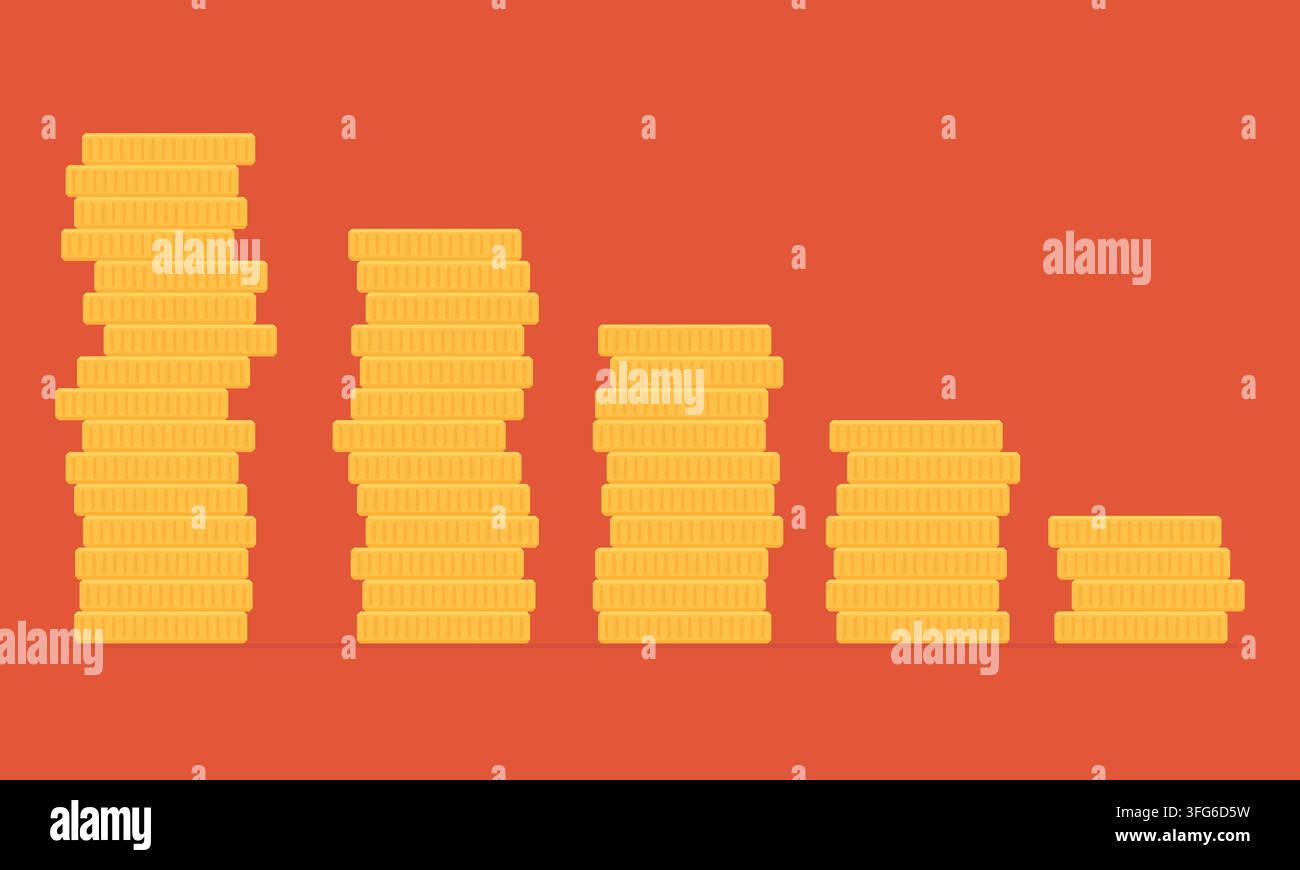 Decreasing Gold Coin Stacks Financial Loss Red Chart Vector Stock Vector