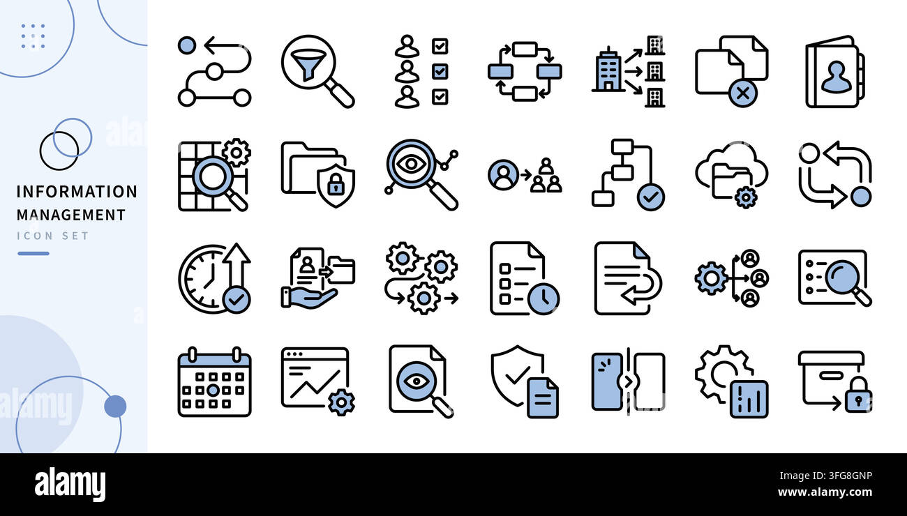 Information management icon set for data processing and workflow concept Stock Vector