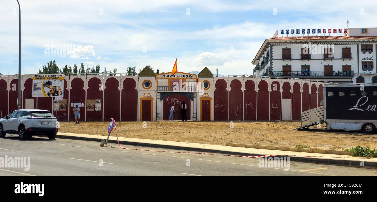 Plaza de Toros de Guadix and bullfighting poster. Guadix, Granada province, Andalusia, Spain, SEP 4, 2026. - Smartphone Captured Stock Image