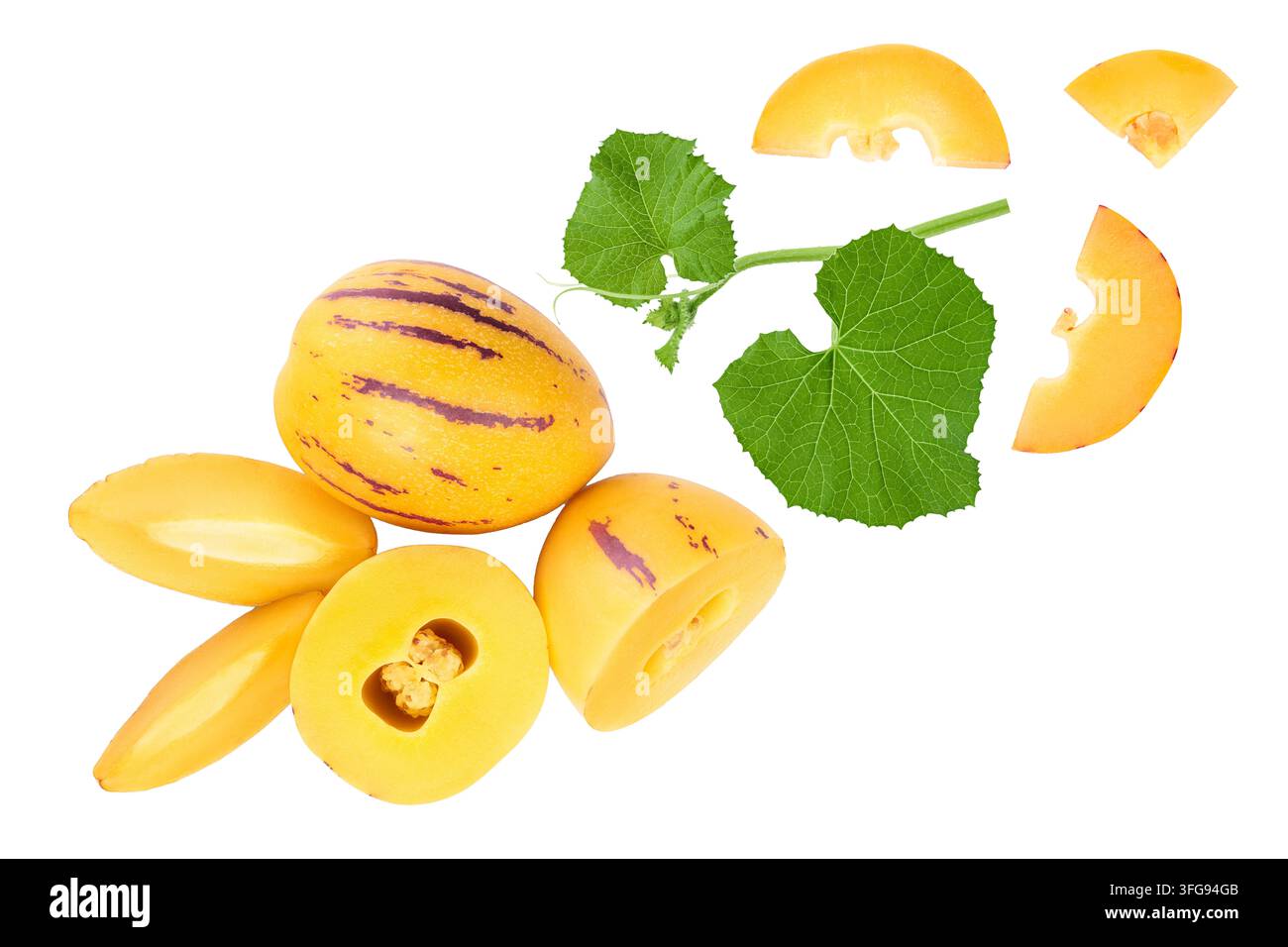 Fresh Pepino fruit isolated on white background. Top view, flat lay Stock Photo