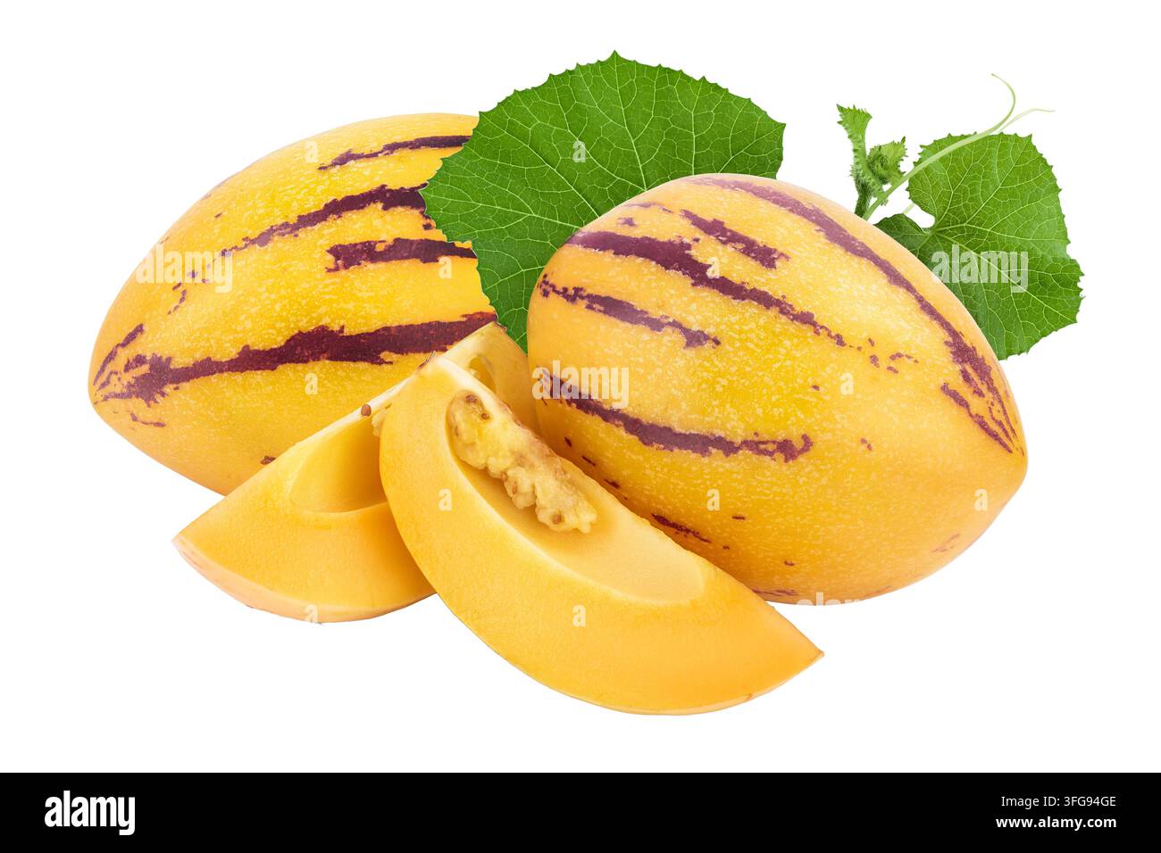 Fresh Pepino fruit with leaves isolated on white background. Stock Photo