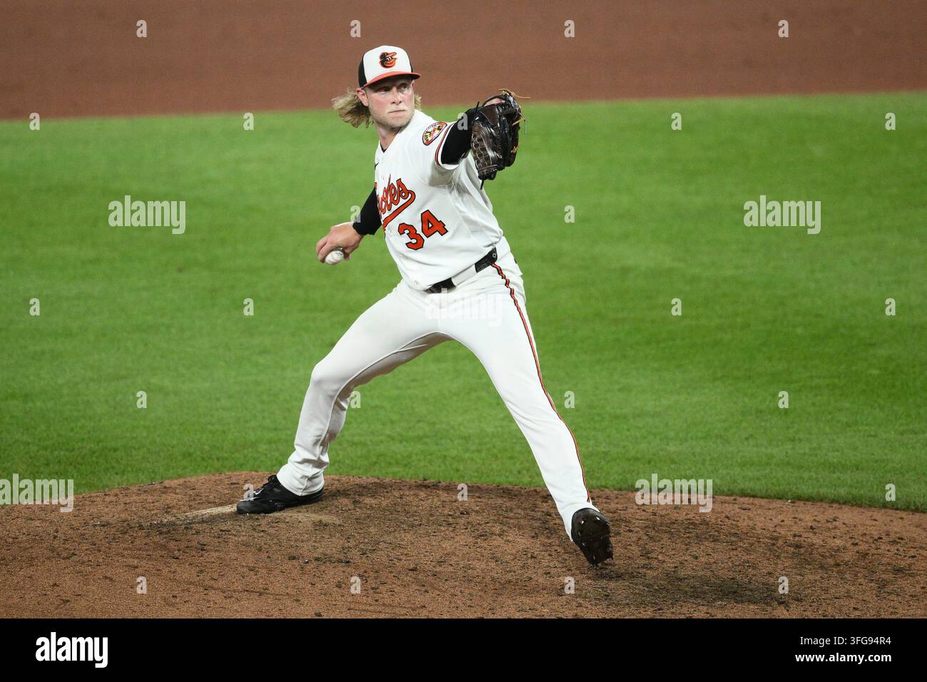Baltimore Orioles pitcher Shane Baz (34) in action during a baseball ...
