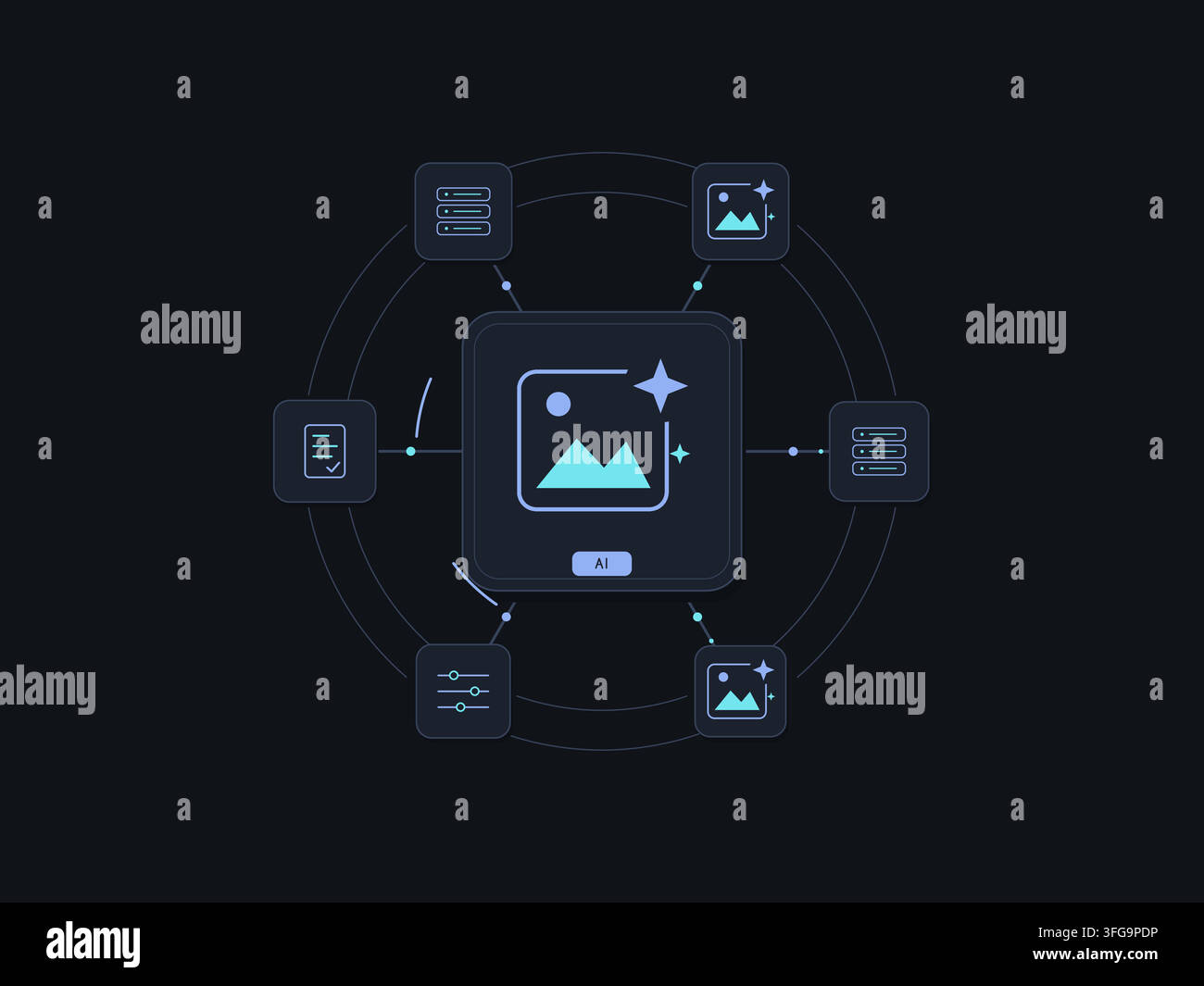 Generative AI creative tools with connected technology symbols and editable geometric shapes. Stock Vector