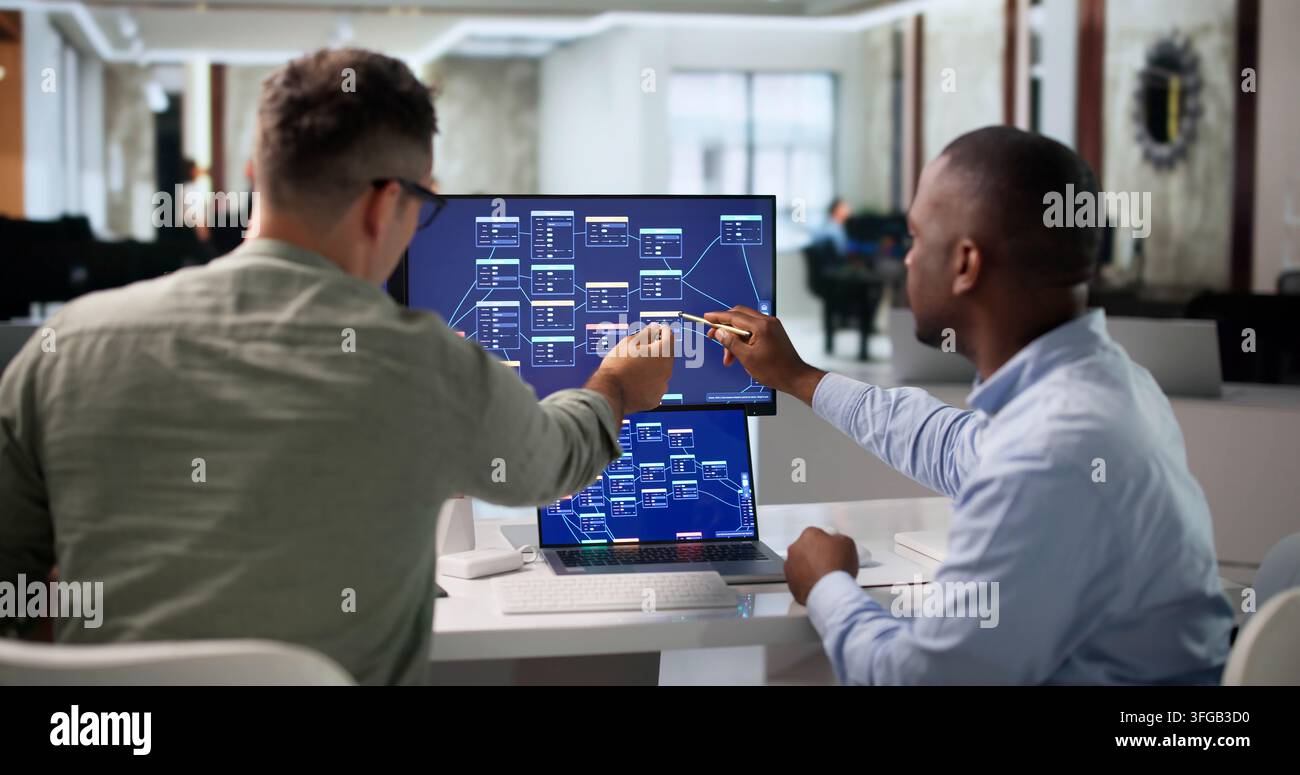 Software Engineer Collaborates With Team Using No Code Platform Tools. Stock Photo