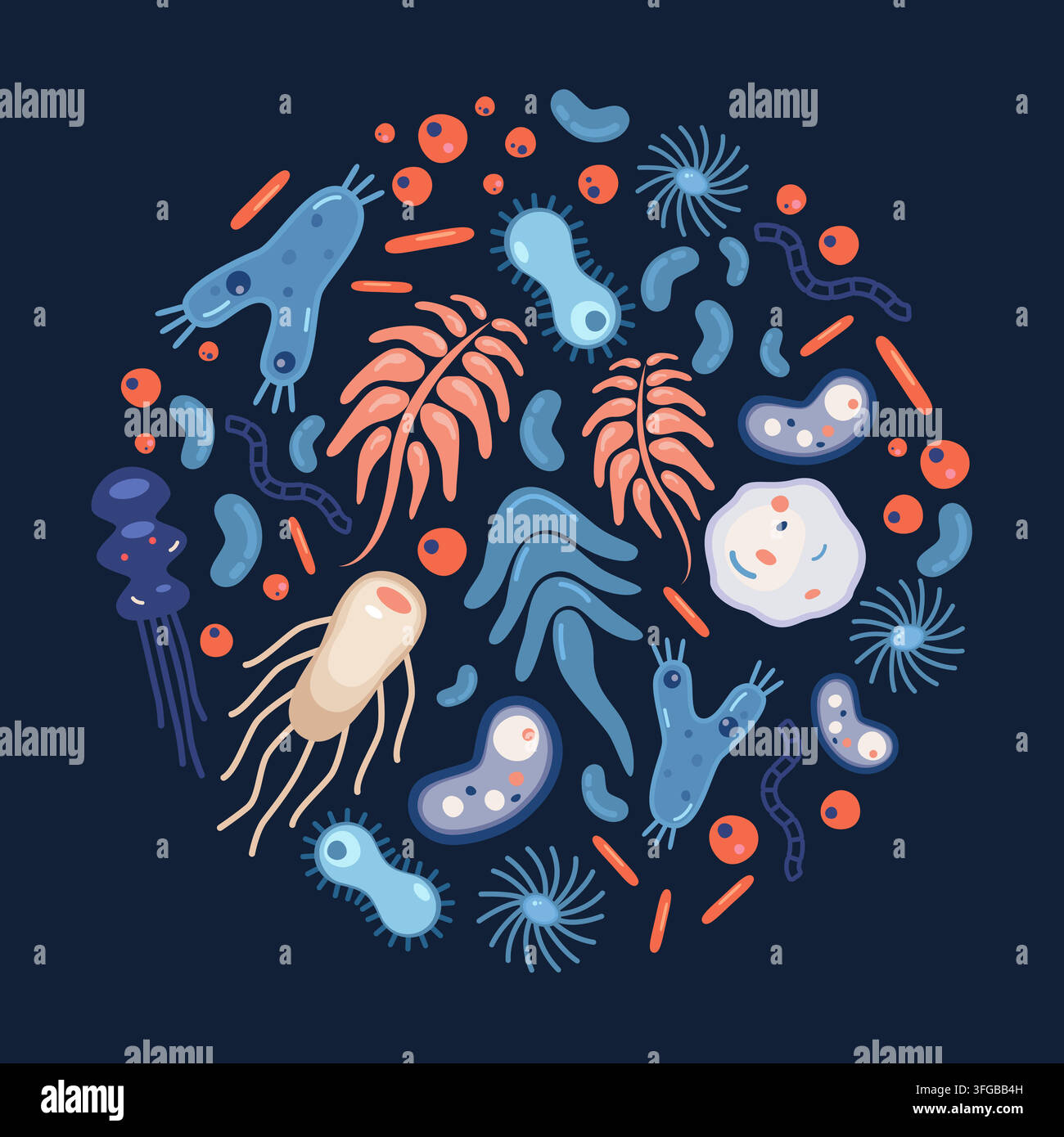 Microbes and bacteria on a dark background. Round design. Modern flat vector illustration Stock Vector