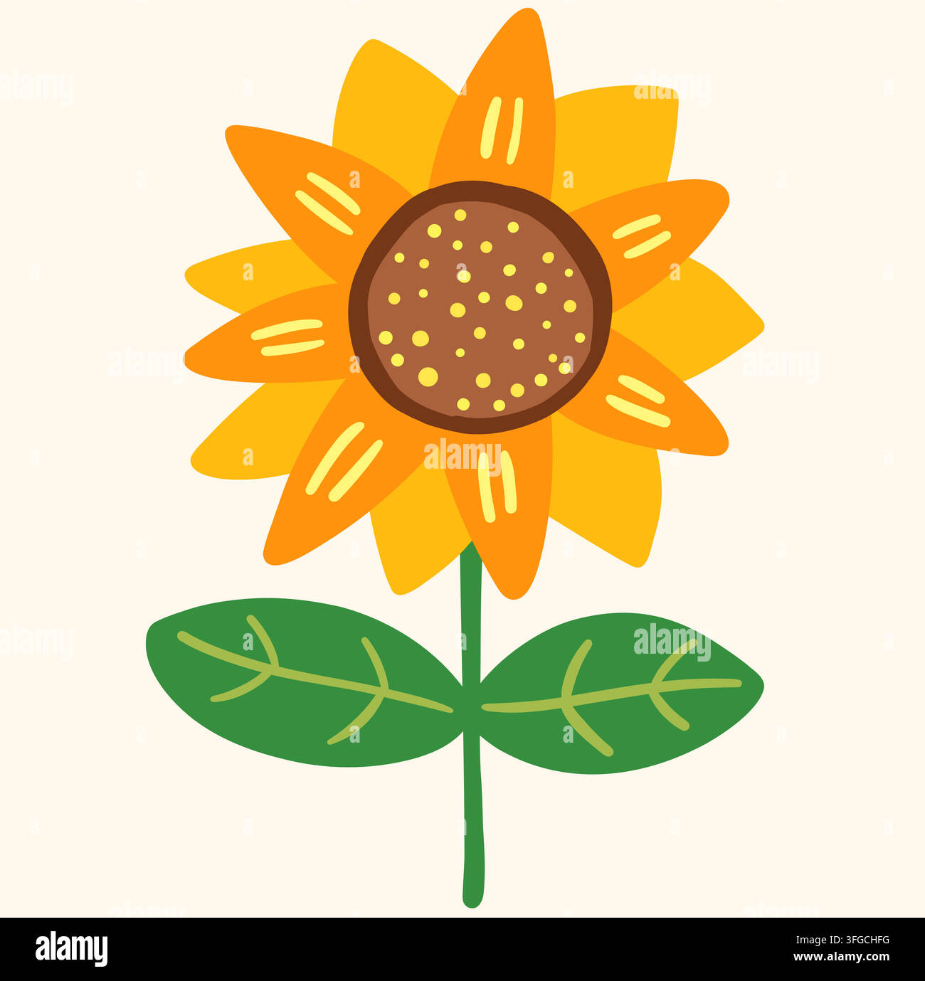 Cute hand drawn vector sunflower in warm colors, Simple minimal flat flower illustration for greeting cards, summer and autumn designs Stock Vector