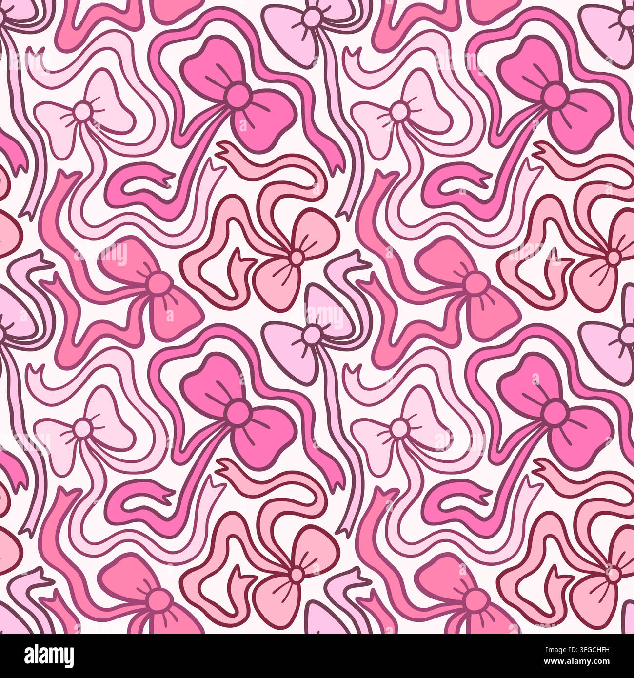 Cute vector seamless pattern with pink fun bows in coquette style, playful wavy ribbon illustration background Stock Vector
