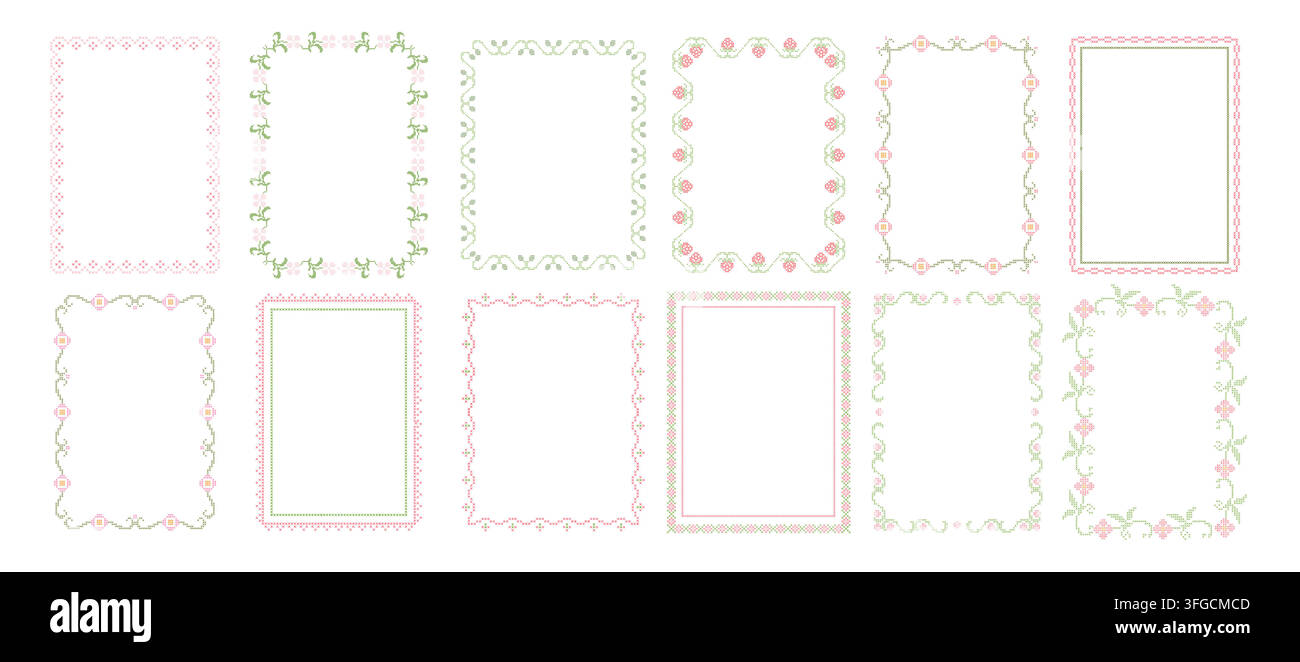 Cross stitch frame. Embroidery borders. Vintage lace stitched ornate floral frames. Trendy handmade cottagecore crafts, folk scrapbooking overlays Stock Vector